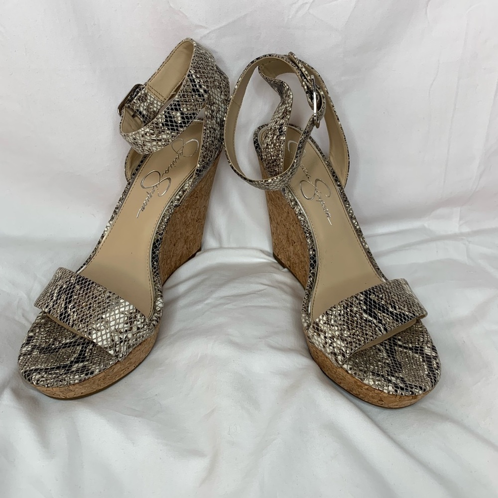 Jessica Simpson Jateen 9M wedge sandals faux snakeskin 5” heels ankle strap
